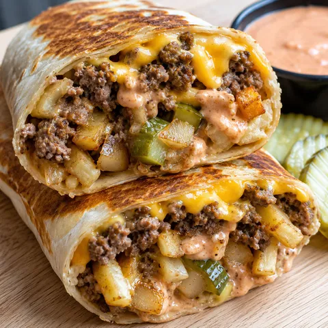 Toasted cheeseburger burrito with beef, fries, cheese, pickles, and sauce
