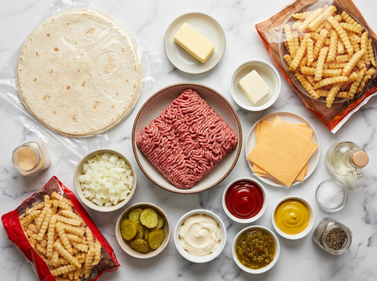 Ingredients for cheeseburger burritos with fries, beef, cheese, pickles, and sauce
