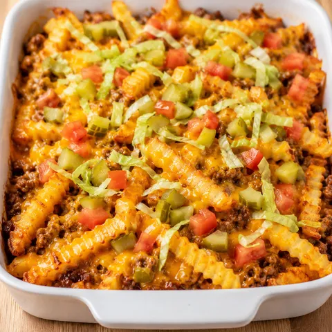 Cheeseburger French fry bake with ground beef, cheddar, pickles, lettuce, and tomato