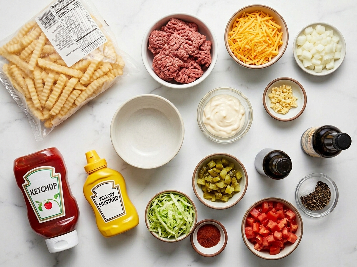 Ingredients for cheeseburger French fry bake with beef, cheddar, fries, and pickles