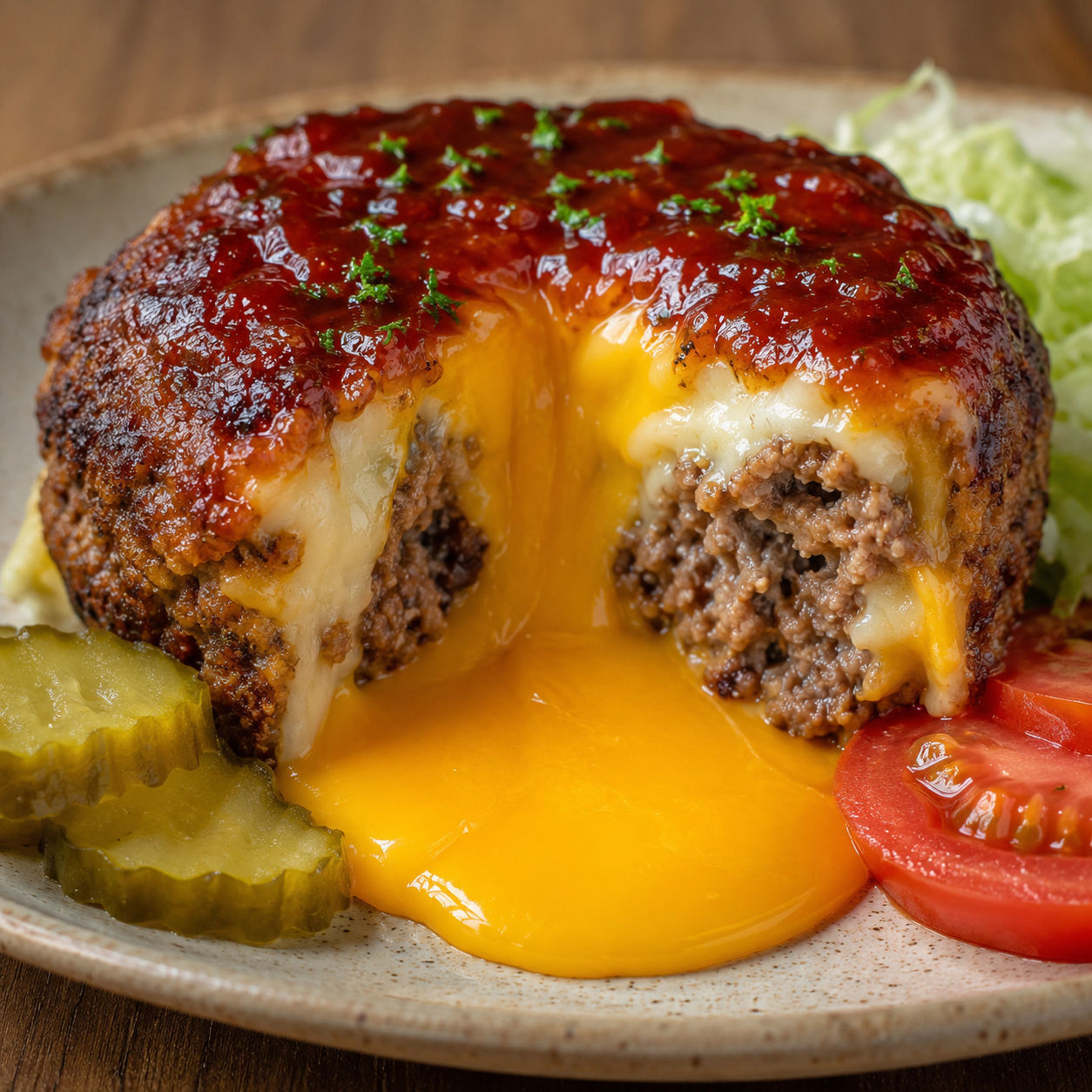 Cheeseburger lava cake with molten cheddar and pickles on a plate