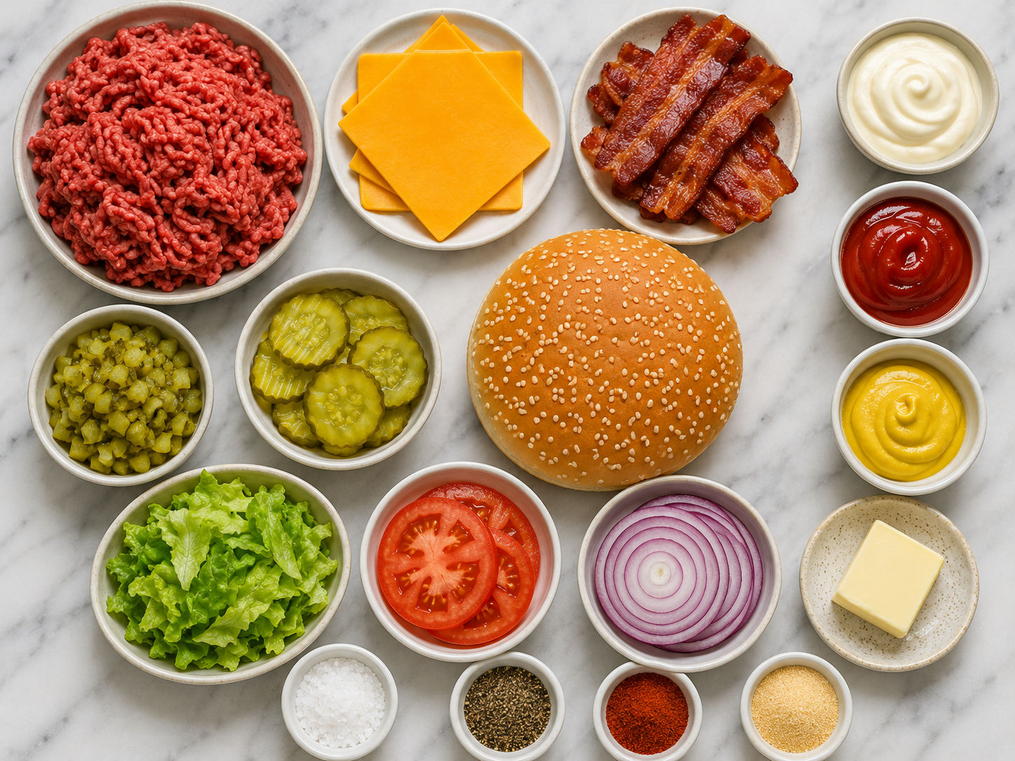 Ingredients for a giant cheeseburger stack with beef, cheese, bacon, and toppings