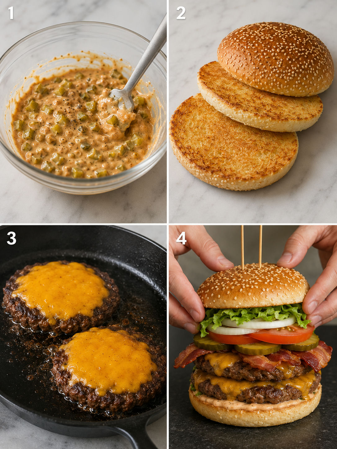 Four steps for making a giant cheeseburger stack from sauce to stacking