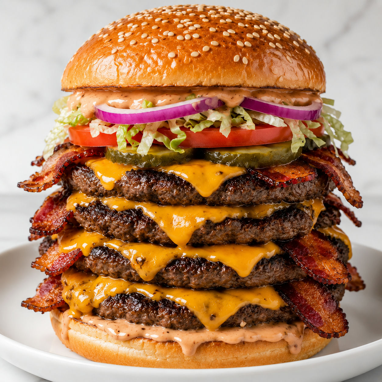 Tall cheeseburger stack with melted cheddar, bacon, pickles, and burger sauce