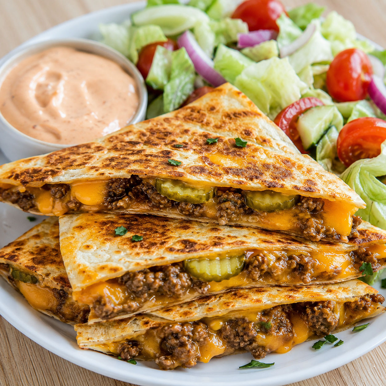 Cheeseburger quesadilla wedges with crunchy salad and burger sauce