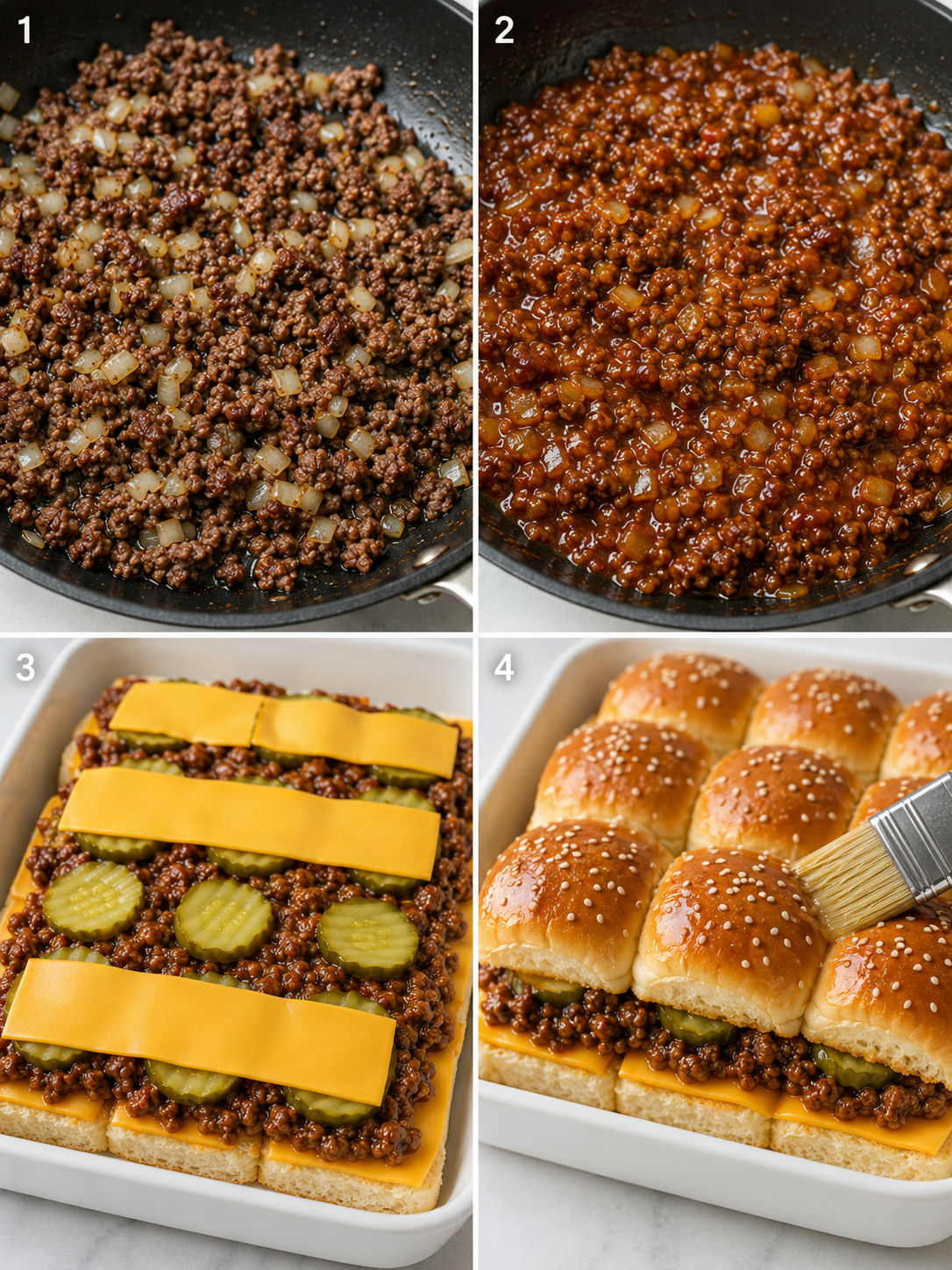 Four steps for making cheeseburger sliders in a baking dish
