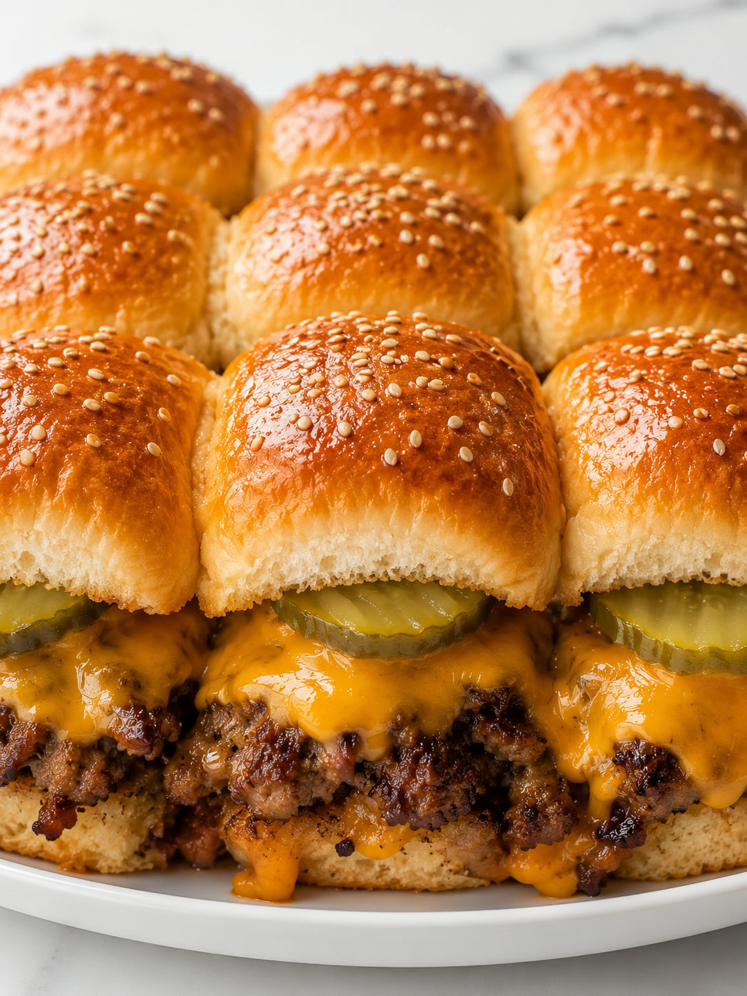 Cheeseburger sliders with melted cheese, beef filling, and pickle slices