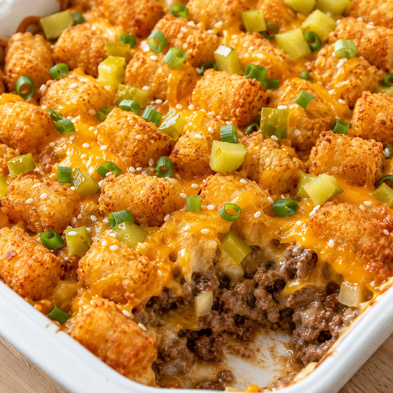 Cheeseburger tater tot casserole with melted cheddar and dill pickles