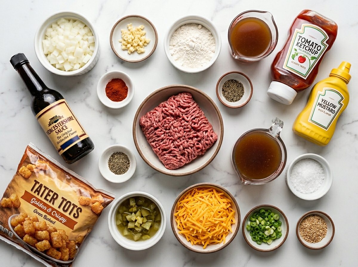 Ingredients for cheeseburger tater tot casserole on a wood surface