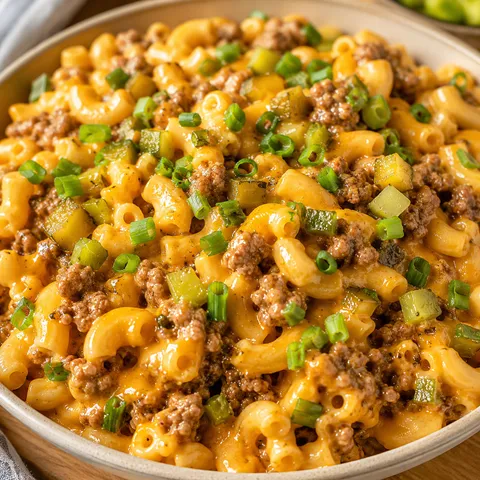 Cheeseburger macaroni with cheddar beef, pickles, and scallions