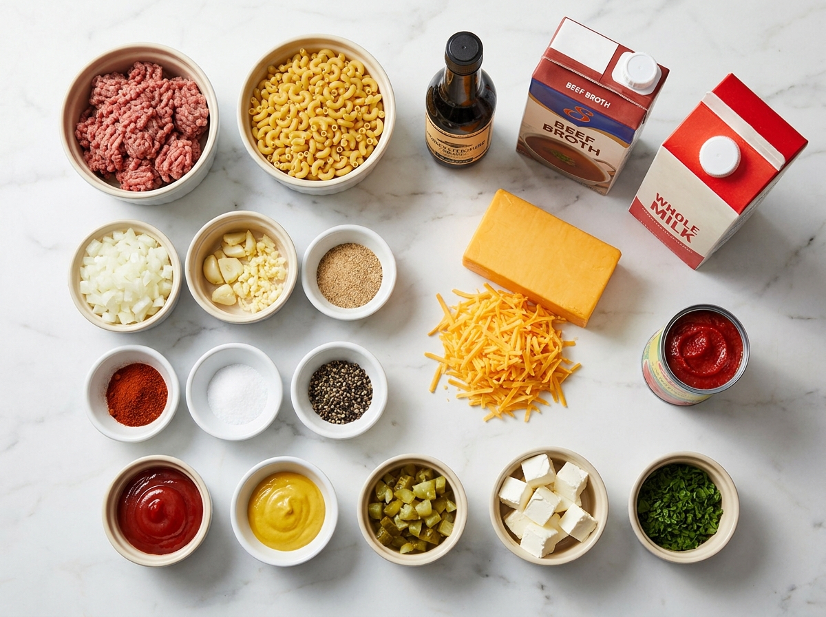 Ingredients for cheeseburger macaroni with beef, cheddar, elbows, and pickles