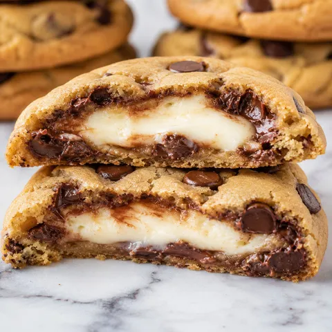 Cheesecake chocolate chip cookies with creamy filling and melty chips