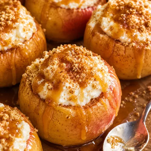 Cheesecake stuffed baked apples with caramel and graham crumbs