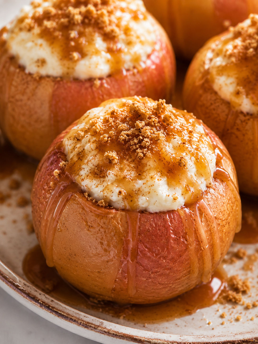 Cheesecake Stuffed Baked Apples, plated and served