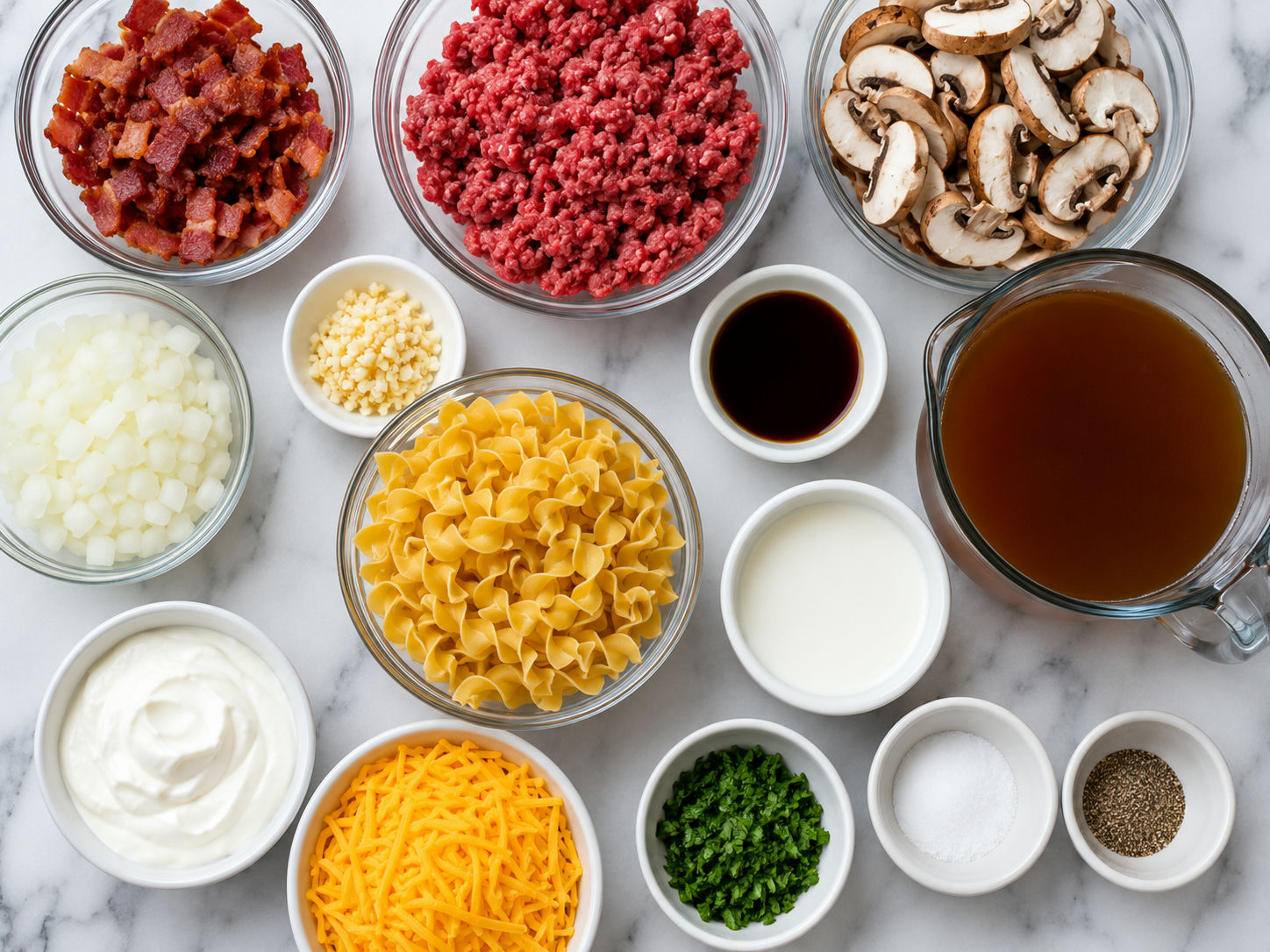 Ingredients for cheesy beef noodle skillet with bacon and mushrooms