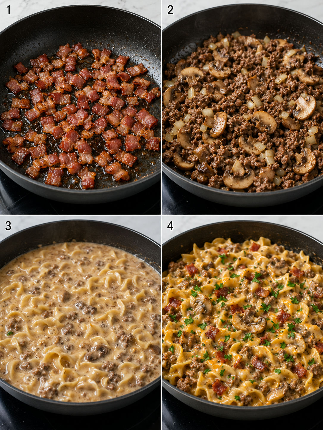 Four cooking steps for beef noodle skillet with bacon and mushrooms