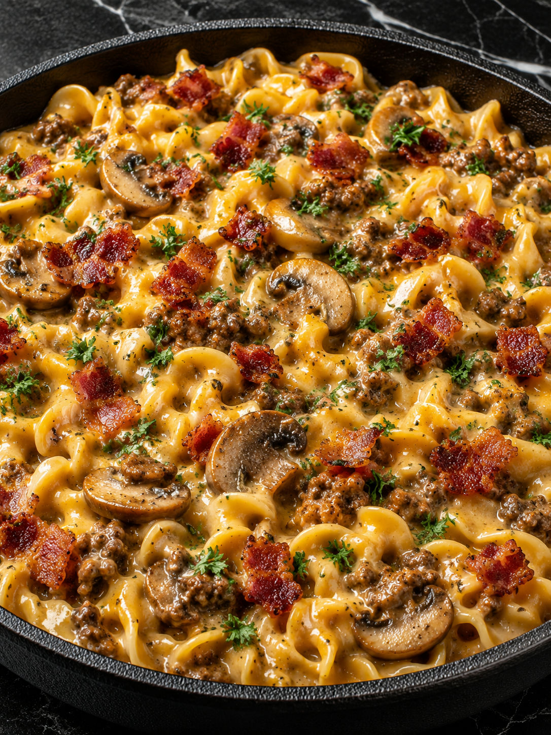 Creamy cheesy beef noodles with bacon, mushrooms, and parsley