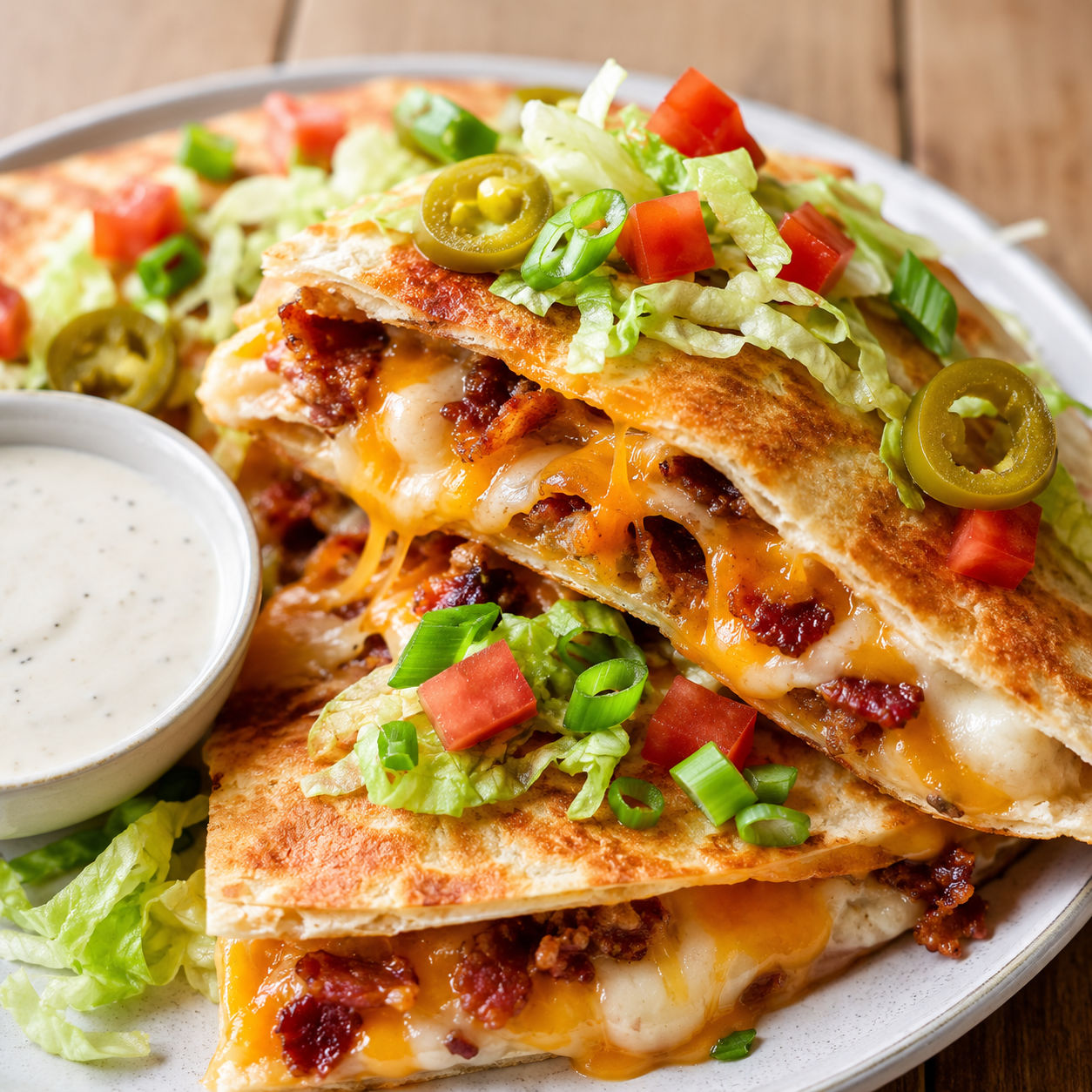 Cheesy bacon quesadilla wedges with ranch, lettuce, tomato, and jalapenos