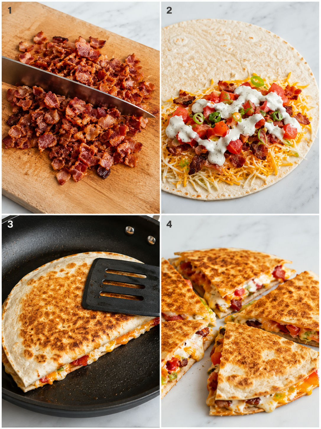 Four steps for making bacon ranch quesadillas in a skillet