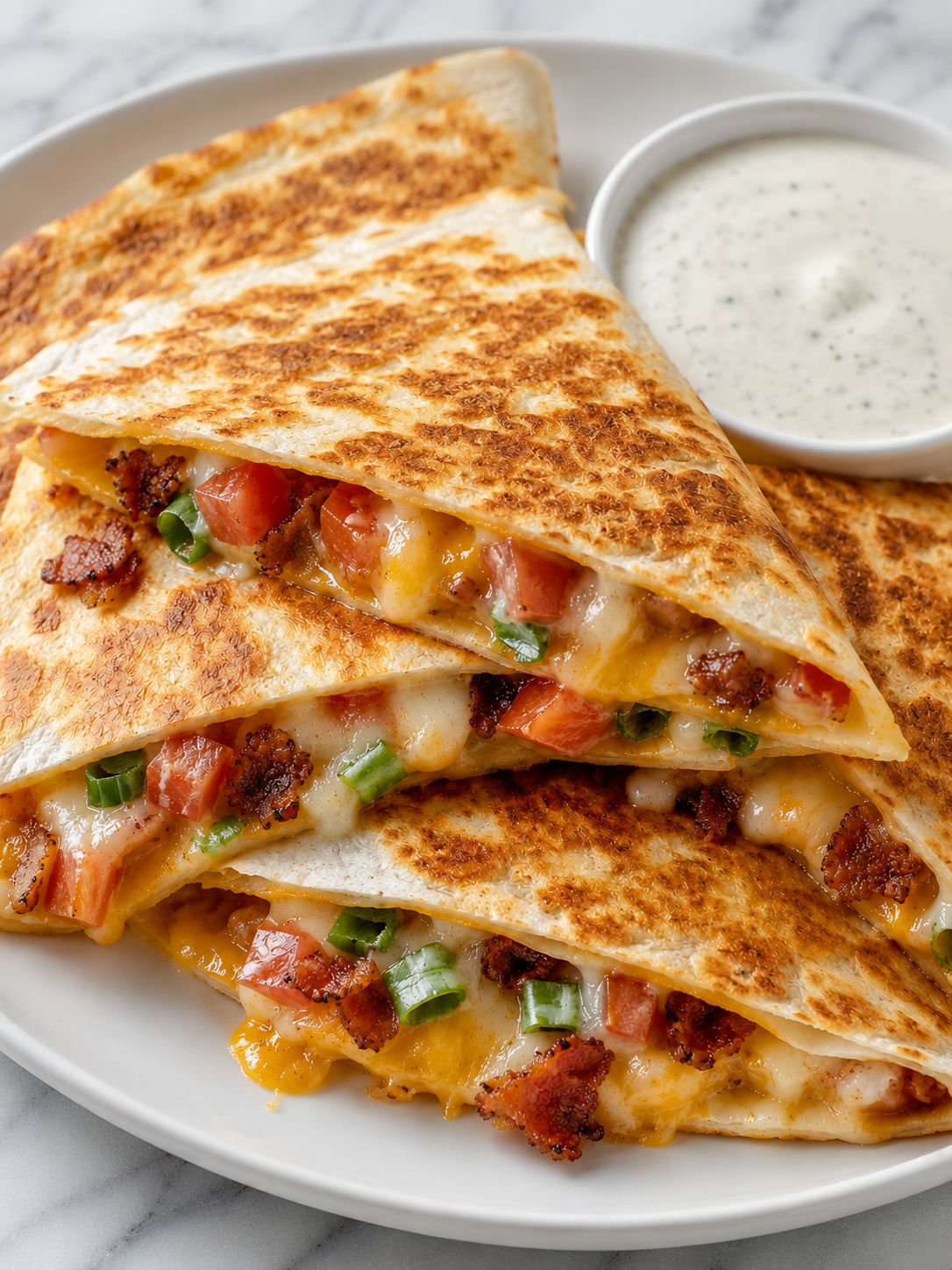 Golden bacon ranch quesadilla wedges with melted cheese and dip