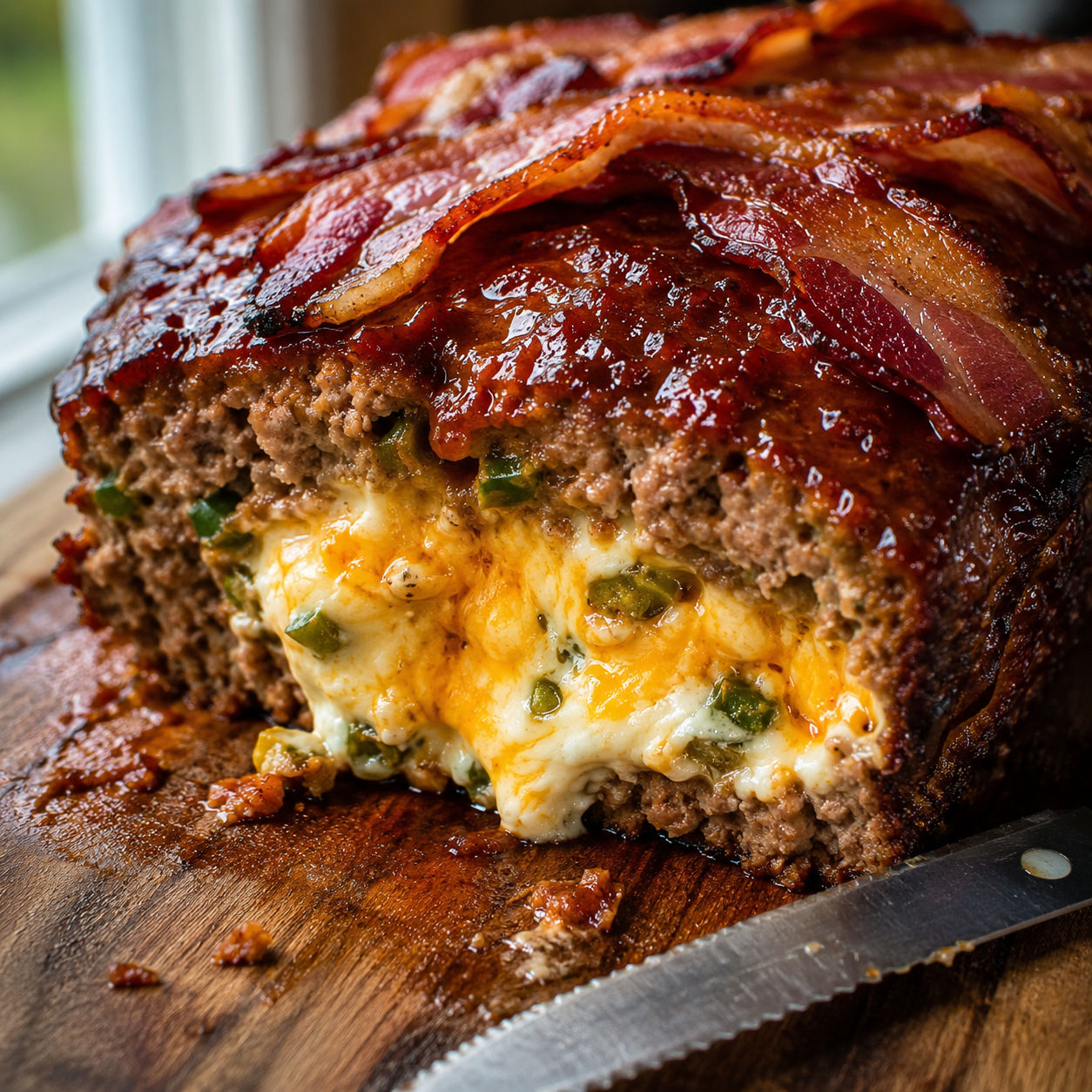 Bacon-wrapped meatloaf stuffed with melted cheddar and jalapeños on a cutting board