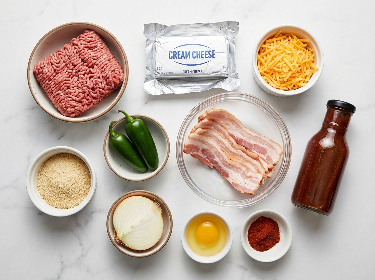 Raw ingredients for cheesy jalapeño popper meatloaf on a kitchen counter