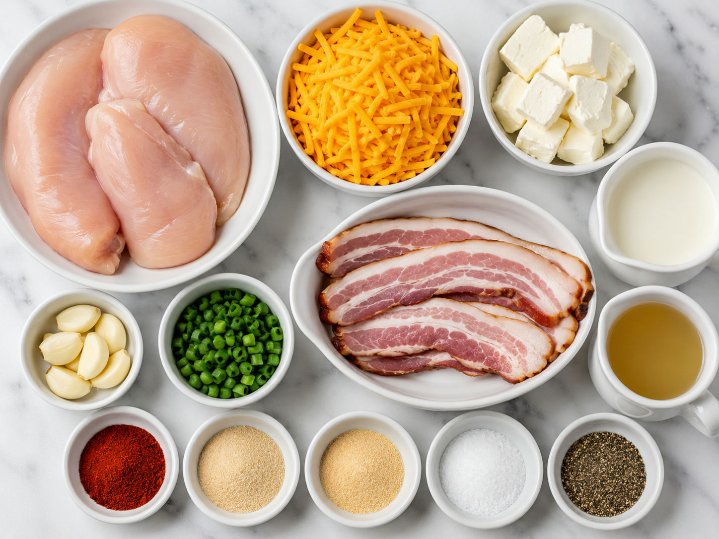 Ingredients for cheesy bacon smothered chicken on a kitchen counter