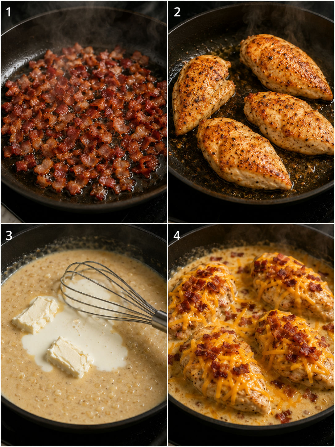 Four cooking steps for cheesy bacon smothered chicken in a skillet