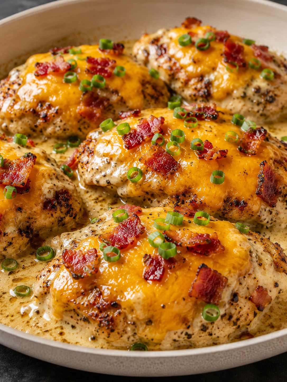 Cheesy bacon smothered chicken in a skillet with creamy sauce