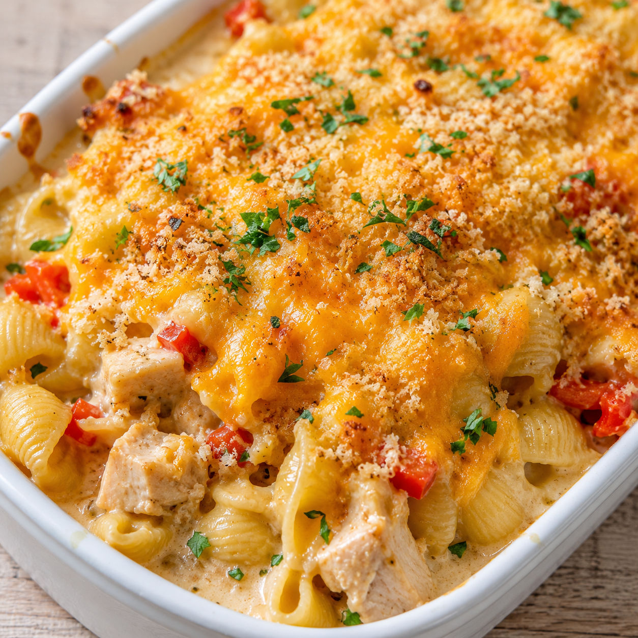Cheesy baked casserole with chicken, pasta shells, cheddar, and parsley