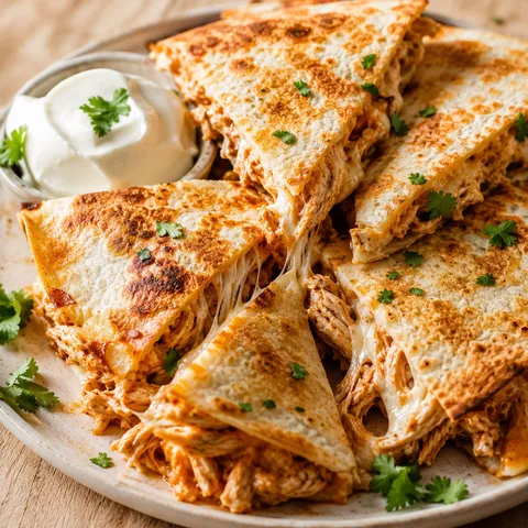 Cheesy baked chicken quesadilla wedges with creamy filling and sour cream
