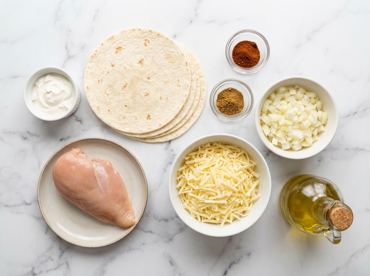 Raw chicken breast, tortillas, sour cream, cheese, and spices on a wooden board