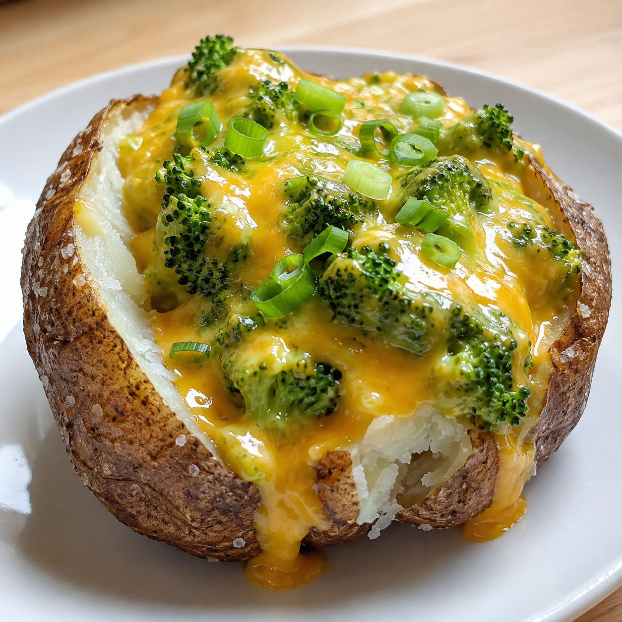 Baked potato loaded with broccoli cheddar sauce and green onions