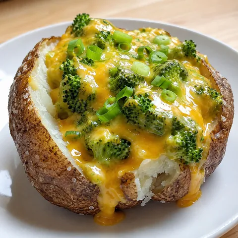 Baked potato loaded with broccoli cheddar sauce and green onions