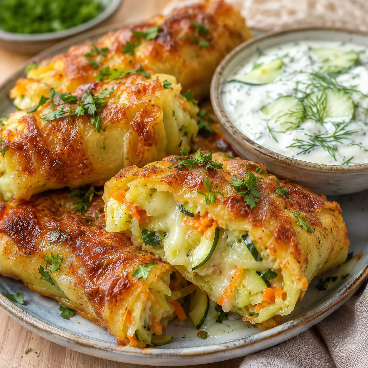 Cheesy baked vegetable rolls with cucumber dill dip and parsley