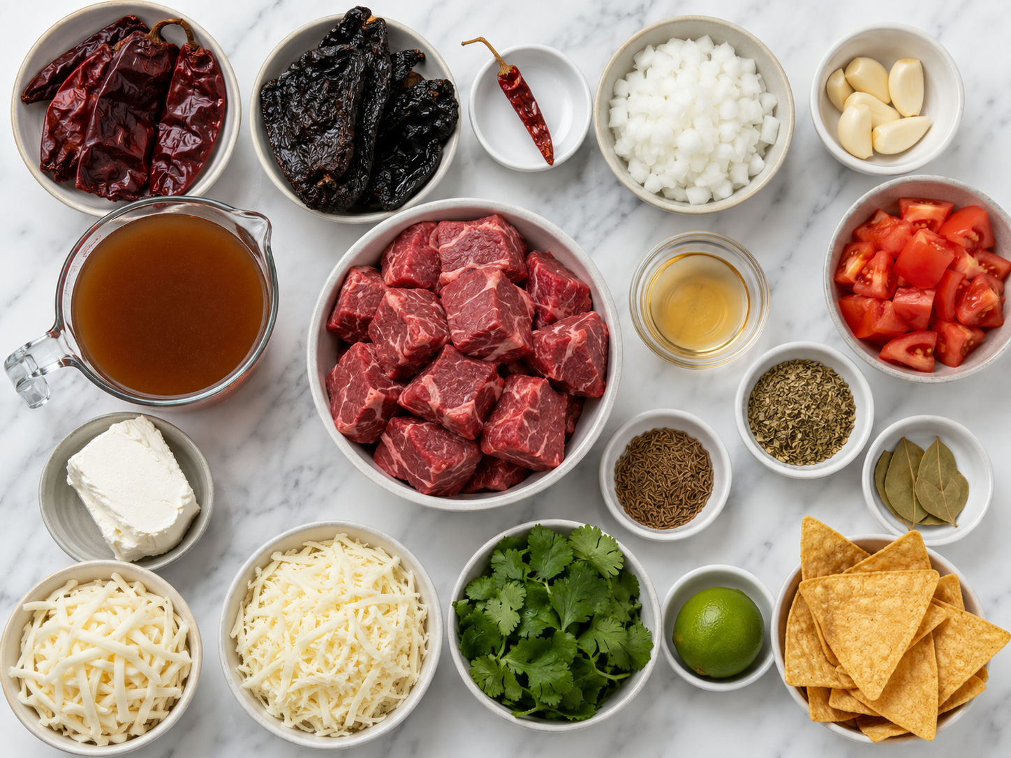 Ingredients for cheesy beef birria dip with chiles, beef, cheese, lime, and cilantro