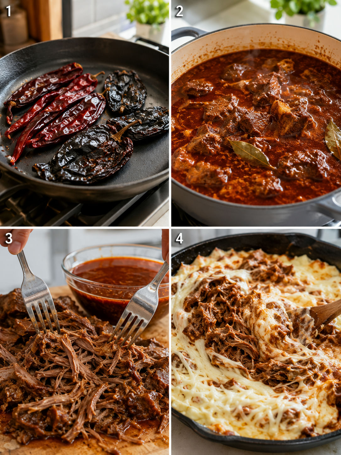 Four cooking steps for beef birria dip from toasted chiles to cheesy skillet
