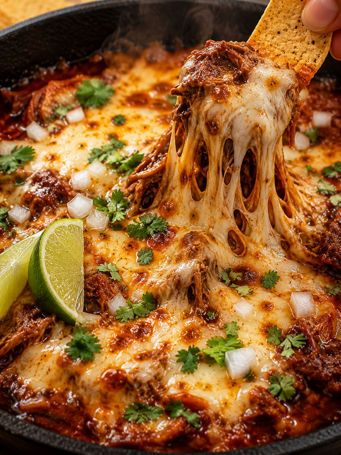 Molten cheesy beef birria dip with tortilla chip, cilantro, onion, and lime