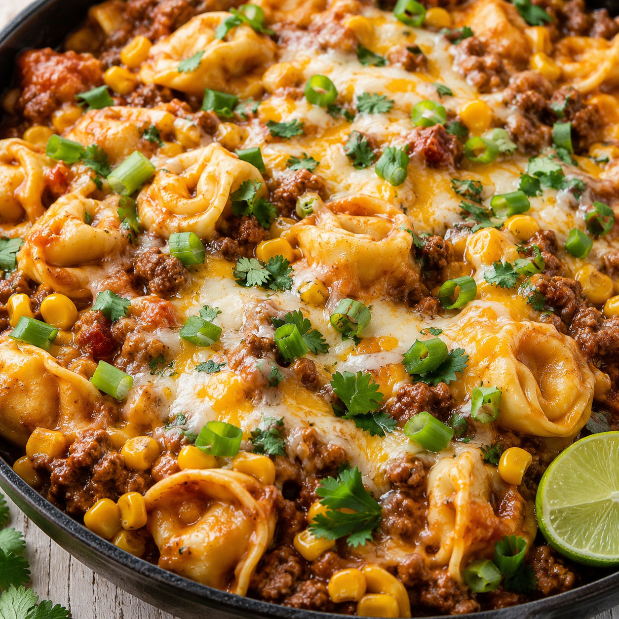 Cheesy beef enchilada tortellini with melted cheese and cilantro