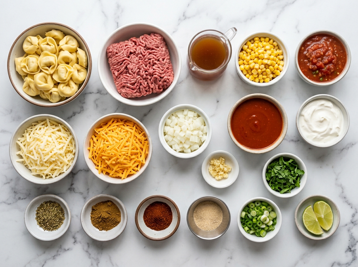 Ingredients for cheesy beef enchilada tortellini on a wooden surface