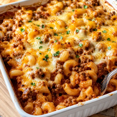 Cheesy beef macaroni bake with golden melted cheese and parsley