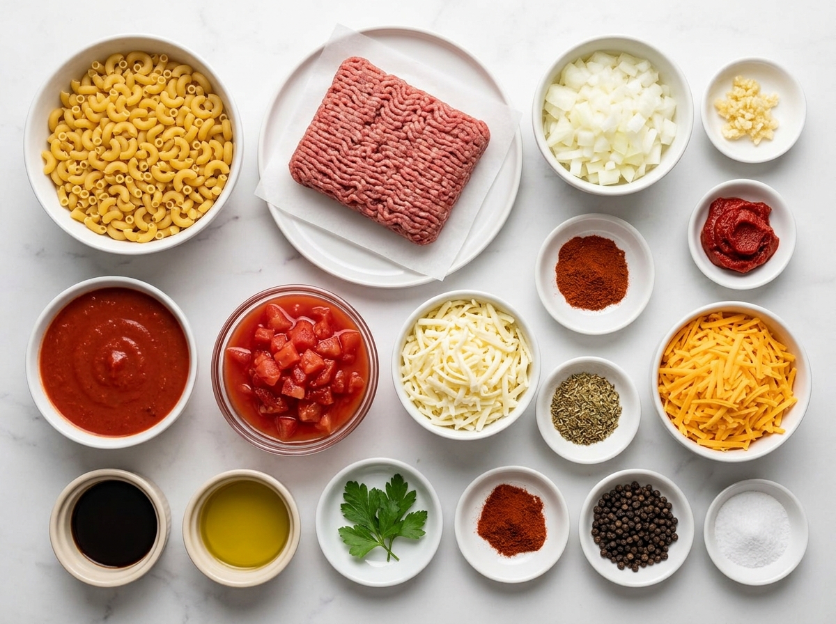 Ingredients for cheesy beef macaroni bake with pasta, beef, tomatoes, and cheese