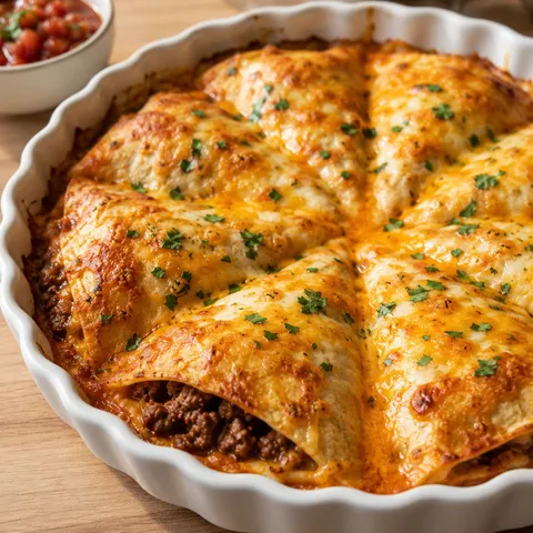 Cheesy beef tortilla pockets with melted cheese in a white baking dish