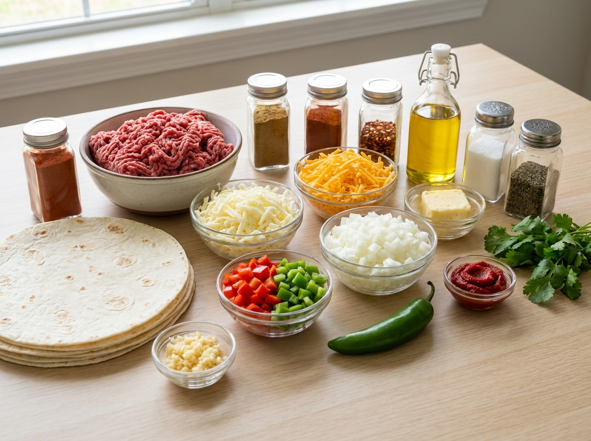 Ground beef, tortillas, cheese, peppers, spices, and garlic butter for beef pockets