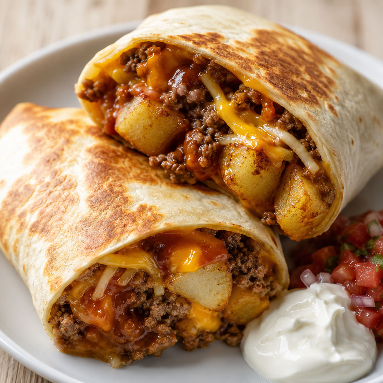 Cheesy beef potato burritos with crispy potatoes and melted cheese