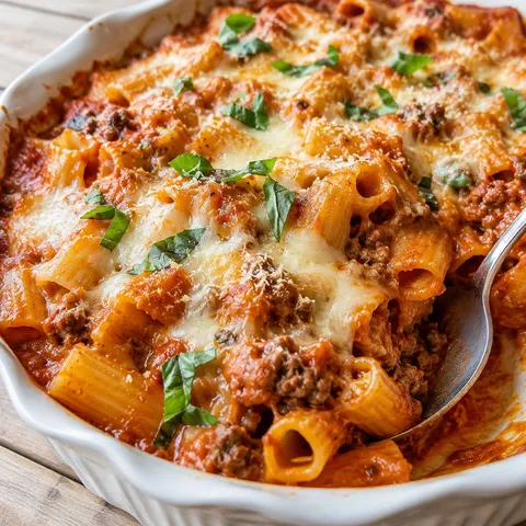 Cheesy beef rigatoni bake with creamy tomato sauce and basil
