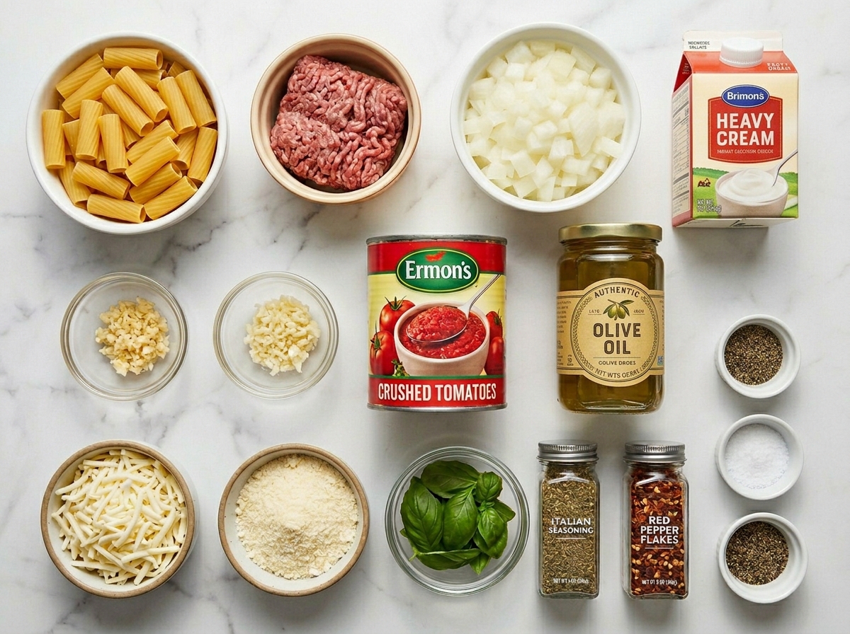 Ingredients for beef rigatoni bake with tomato sauce and cheese