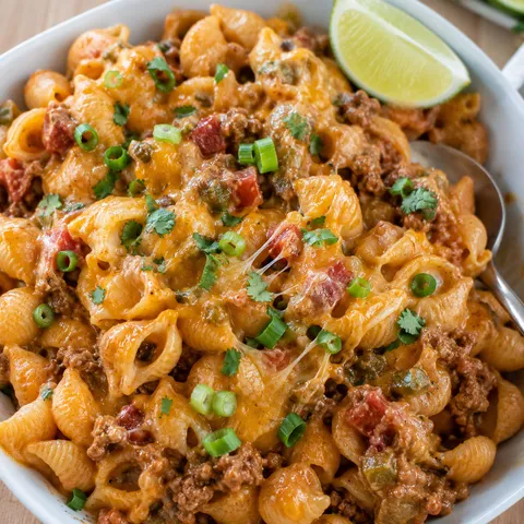 Cheesy Beef Taco Pasta with ground beef, green onions, and cilantro
