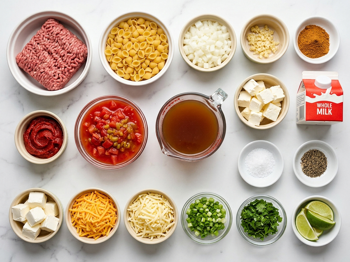 Ingredients for Cheesy Beef Taco Pasta arranged on a wooden surface