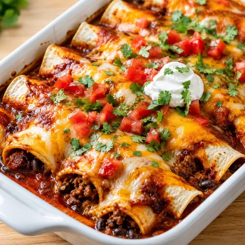 Cheesy beef and bean enchiladas with red sauce and cilantro